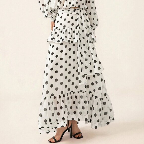 Elegant Women's Polka Dot Bowknot Flare Sleeve Ruffle top & Maxi skirt set - Picture 6 of 7